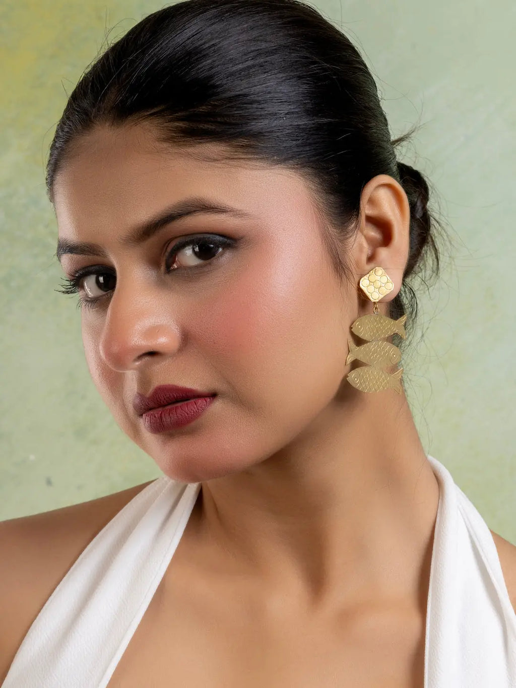 Golden Brass Stud Fish Family Earring LOOK AND ADORN - designed for you