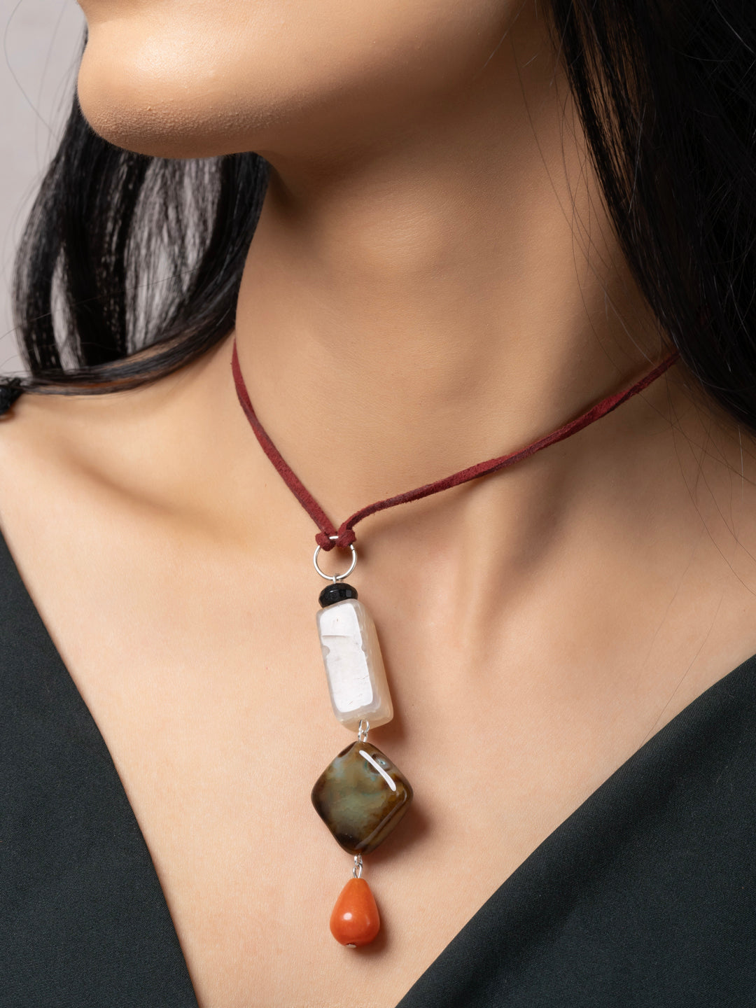 Semi Precious Black White Rust Onyx Agate Sleek Necklace with adjustable Suede Cord LOOK AND ADORN - designed for you