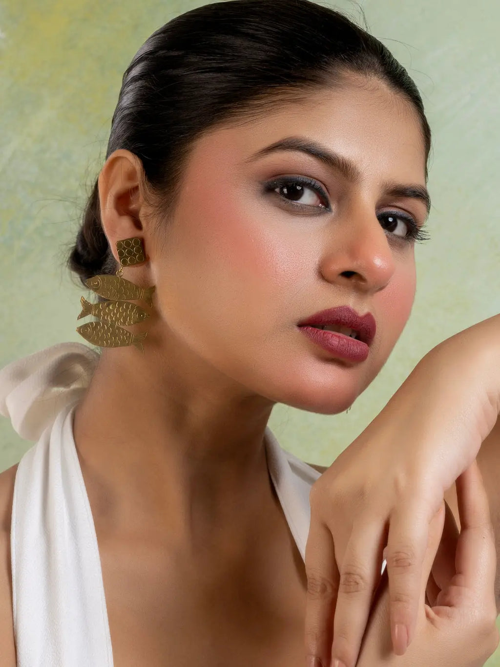Golden Brass Stud Fish Family Earring LOOK AND ADORN - designed for you