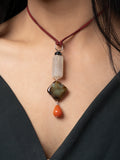 Semi Precious Black White Rust Onyx Agate Sleek Necklace with adjustable Suede Cord LOOK AND ADORN - designed for you