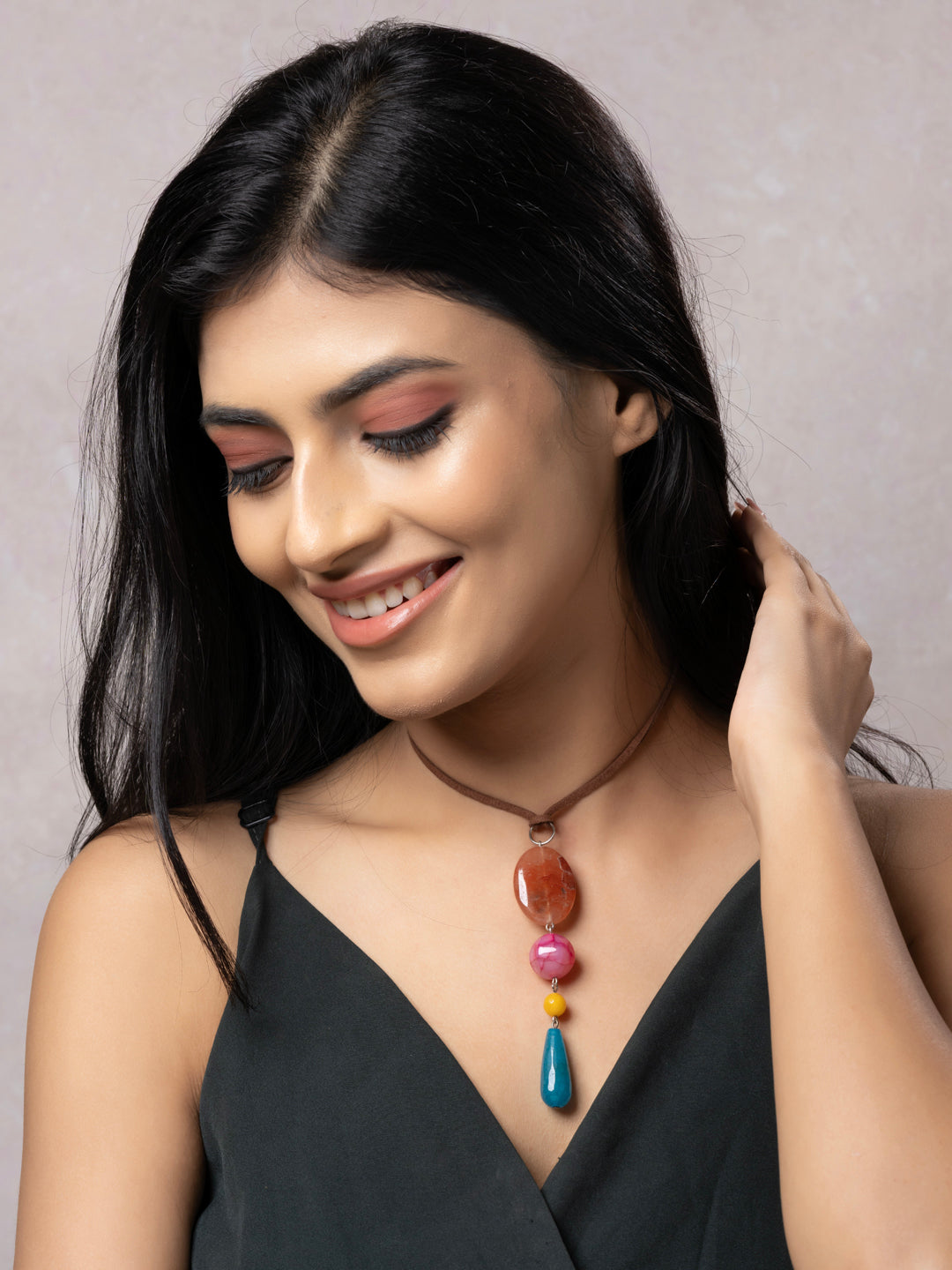 Semi Precious Brown Pink Yellow Blue Onyx Agate Sleek necklace with adjustable Suede Cord LOOK AND ADORN - designed for you