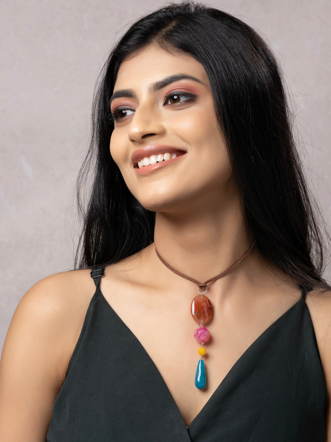 Semi Precious Brown Pink Yellow Blue Onyx Agate Sleek necklace with adjustable Suede Cord LOOK AND ADORN - designed for you