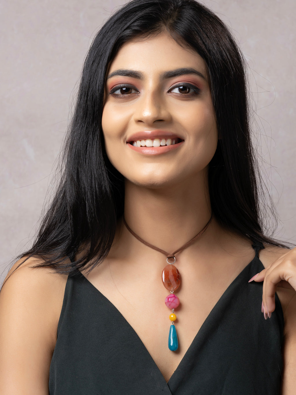 Semi Precious Brown Pink Yellow Blue Onyx Agate Sleek necklace with adjustable Suede Cord LOOK AND ADORN - designed for you