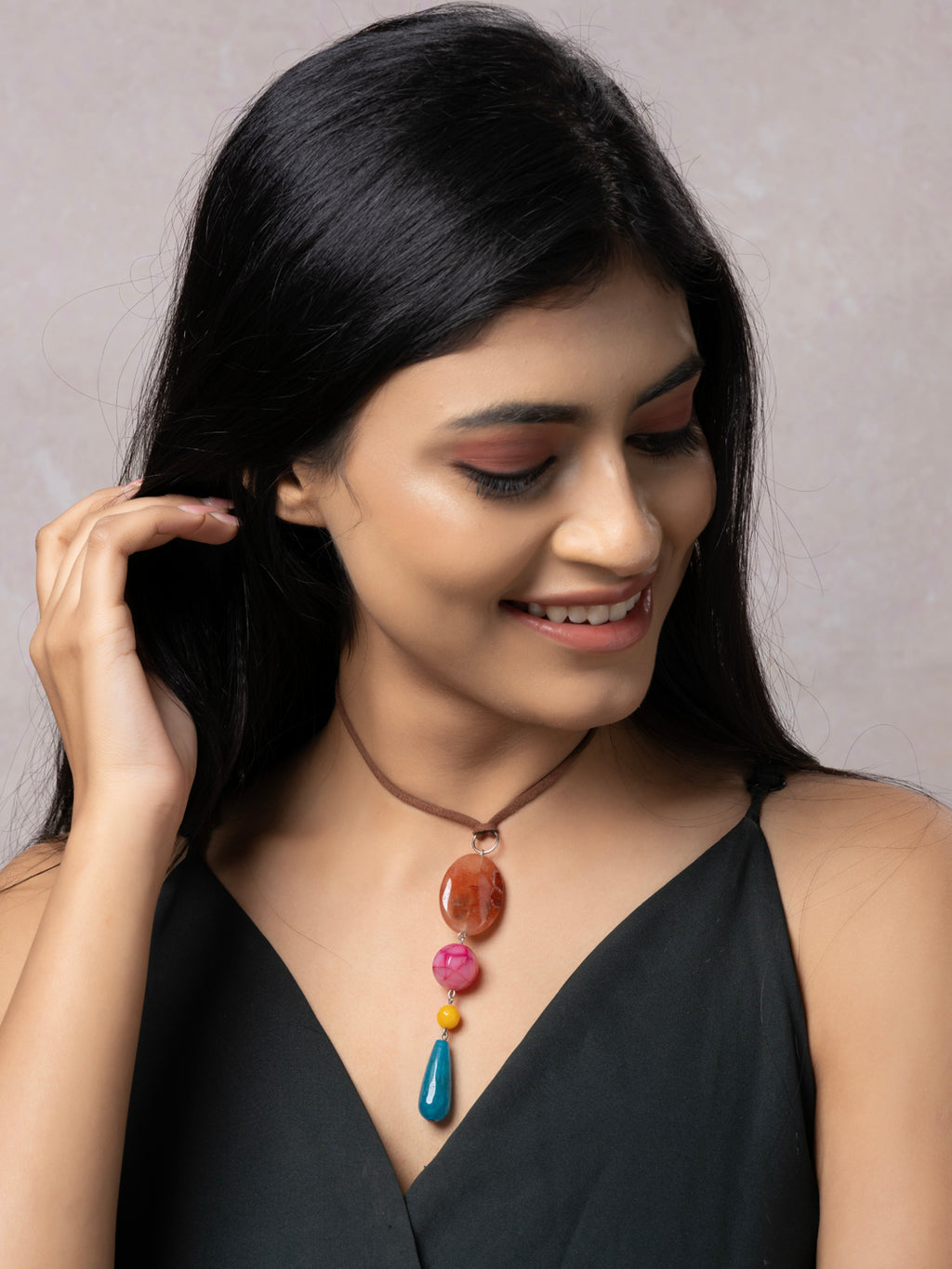 Semi Precious Brown Pink Yellow Blue Onyx Agate Sleek necklace with adjustable Suede Cord LOOK AND ADORN - designed for you