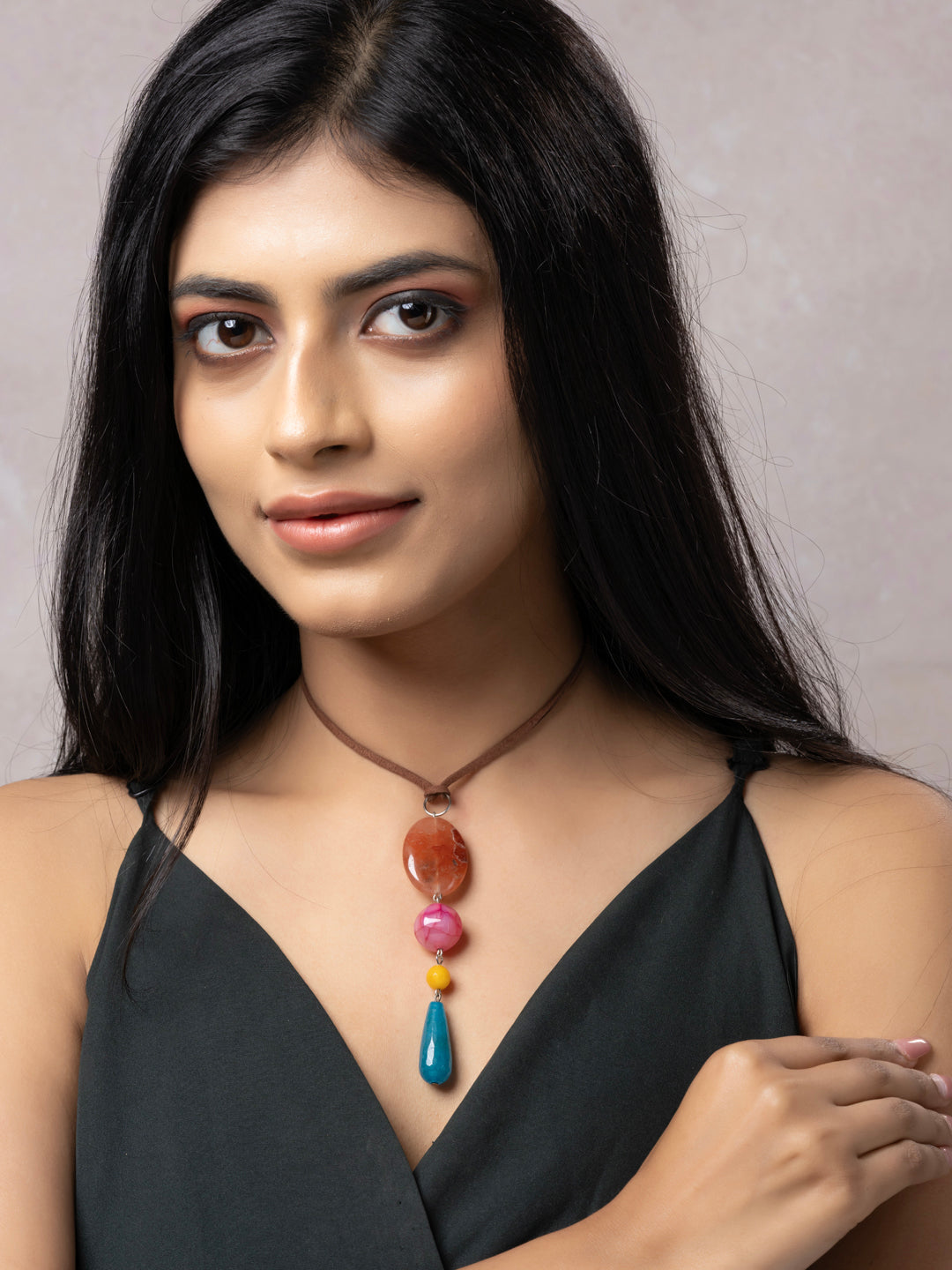 Semi Precious Brown Pink Yellow Blue Onyx Agate Sleek necklace with adjustable Suede Cord LOOK AND ADORN - designed for you