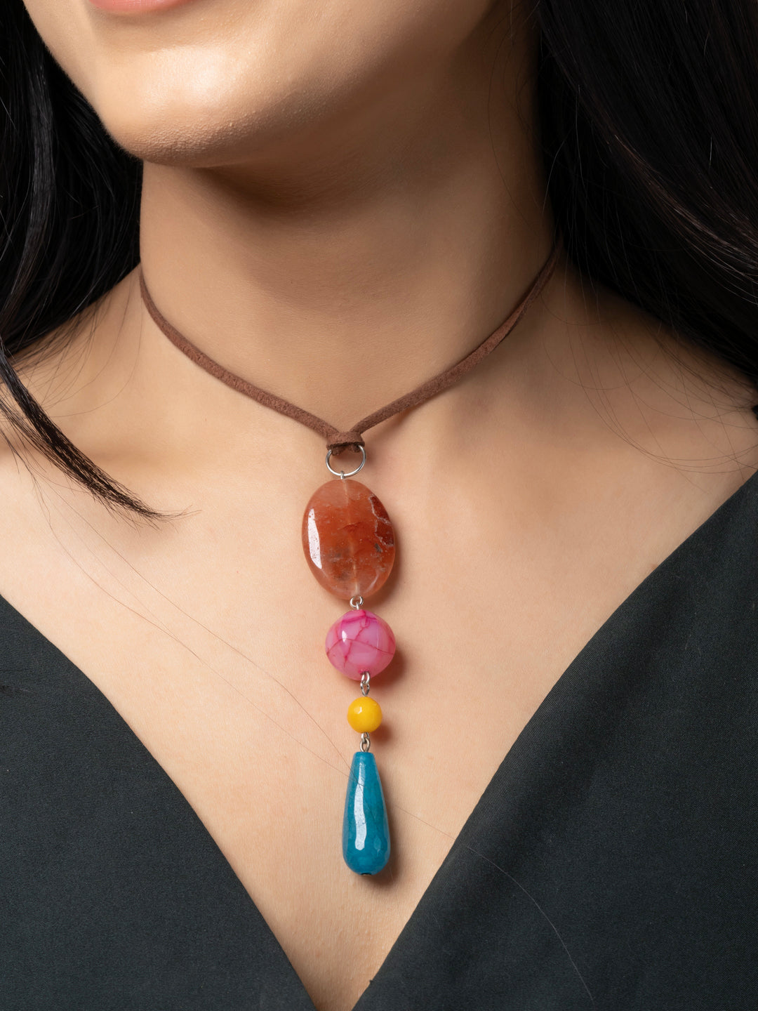 Semi Precious Brown Pink Yellow Blue Onyx Agate Sleek necklace with adjustable Suede Cord LOOK AND ADORN - designed for you