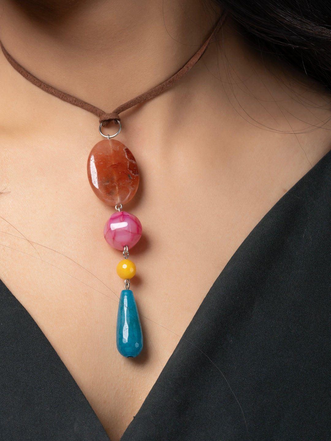 Semi Precious Brown Pink Yellow Blue Onyx Agate Sleek necklace with adjustable Suede Cord LOOK AND ADORN - designed for you