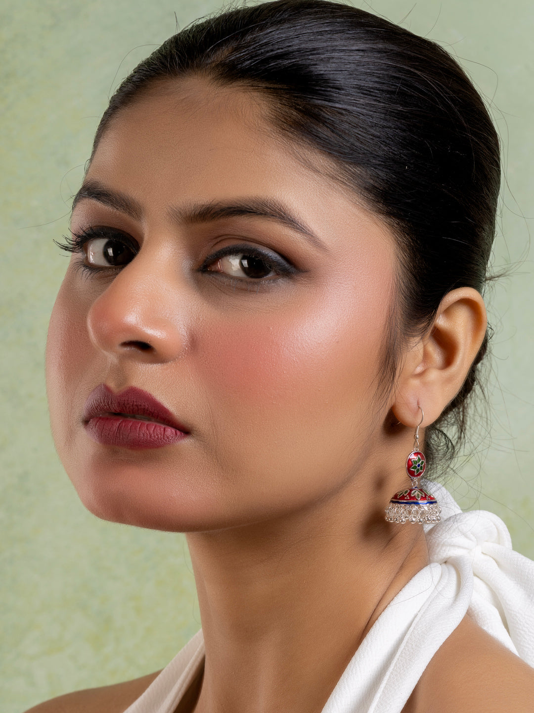 Red Blue Floral Meenakari Enamel Jhumka Earring