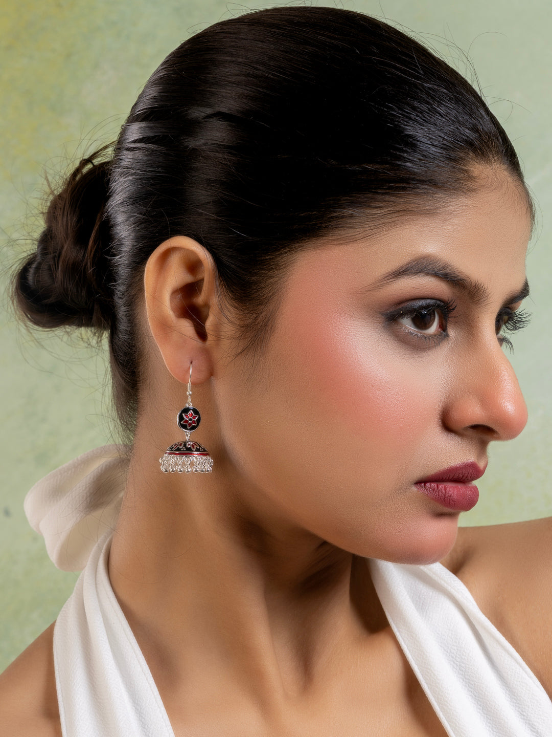 Red Black Floral Meenakari Enamel Jhumka Earring