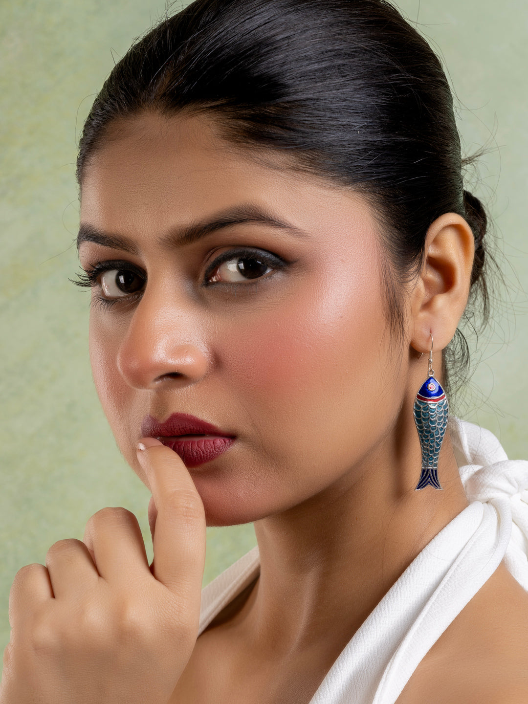 Turquoise Blue Red Fish Meenakari Enamel Earring