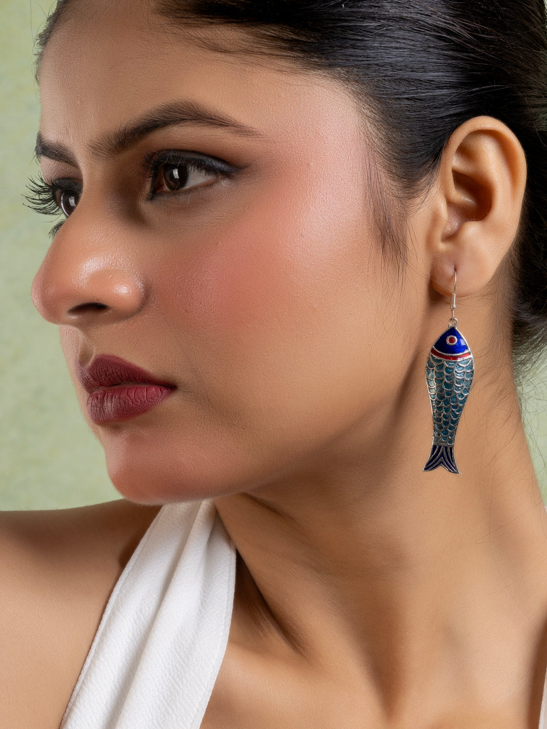 Turquoise Blue Red Fish Meenakari Enamel Earring