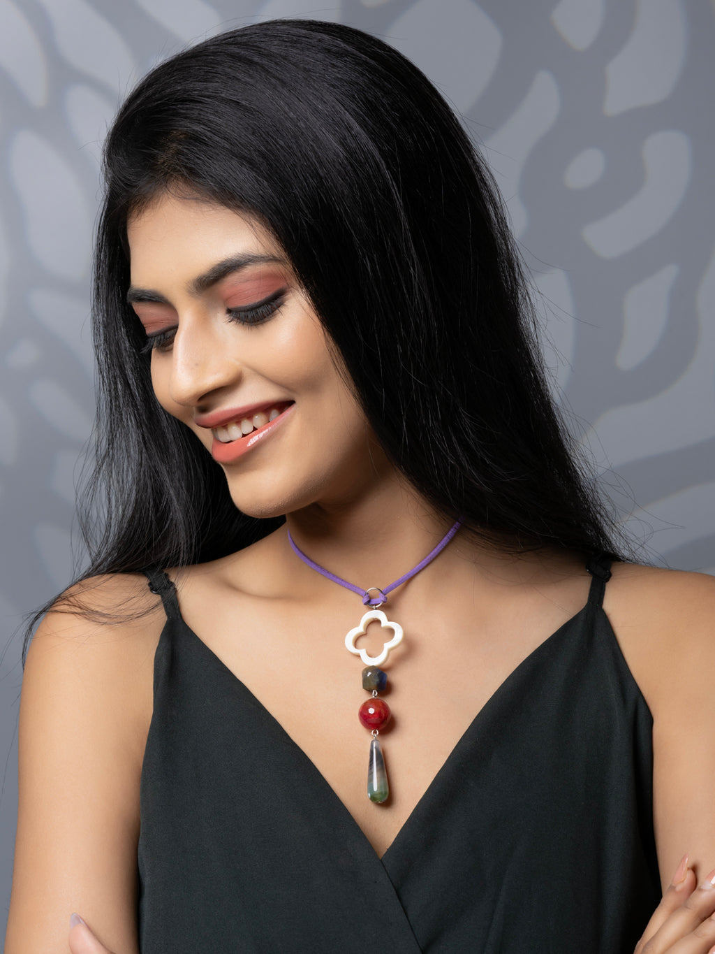 Semi Precious White Pink Onyx Agate MOP Sleek necklace with adjustable Suede Cord LOOK AND ADORN - designed for you