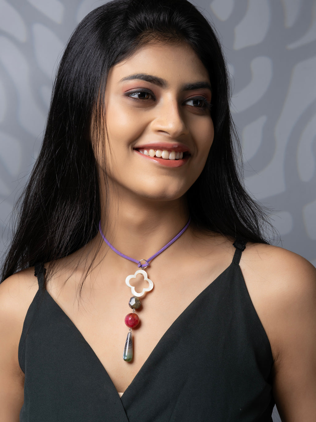 Semi Precious White Pink Onyx Agate MOP Sleek necklace with adjustable Suede Cord LOOK AND ADORN - designed for you