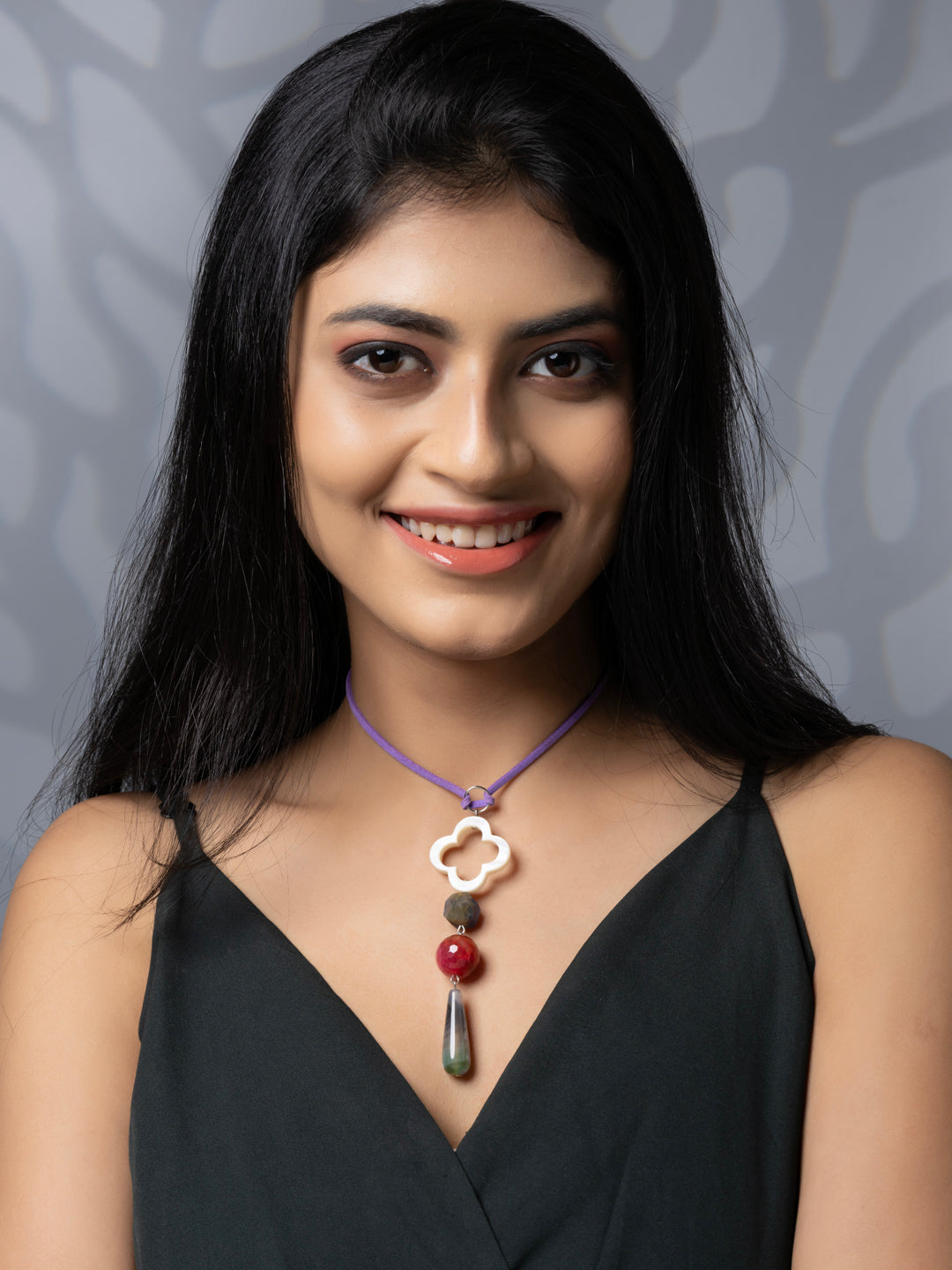 Semi Precious White Pink Onyx Agate MOP Sleek necklace with adjustable Suede Cord LOOK AND ADORN - designed for you