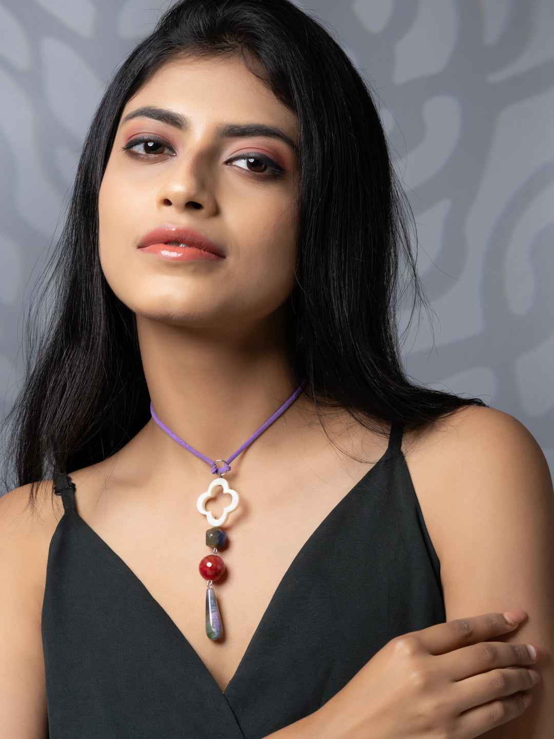 Semi Precious White Pink Onyx Agate MOP Sleek necklace with adjustable Suede Cord LOOK AND ADORN - designed for you