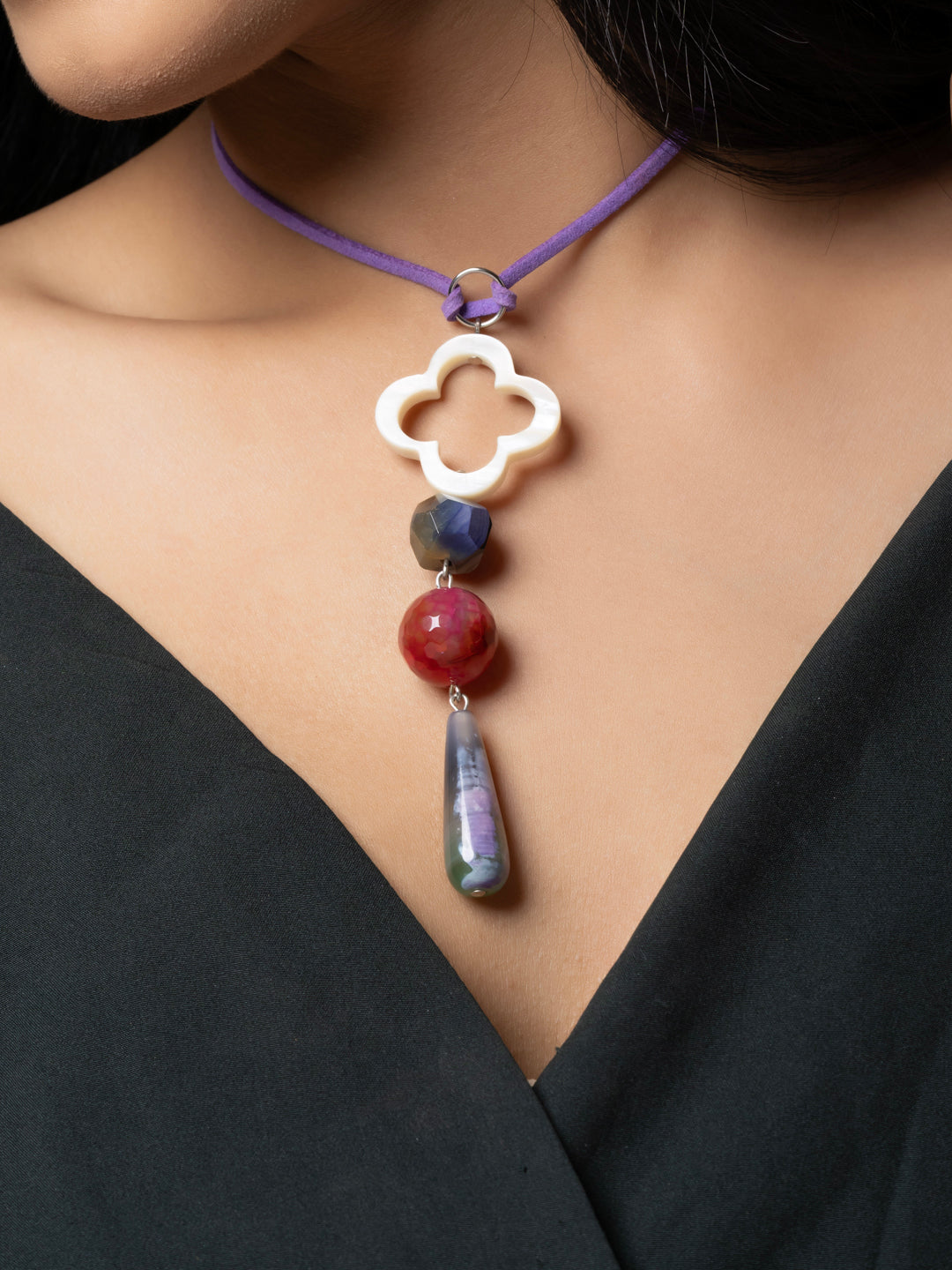 Semi Precious White Pink Onyx Agate MOP Sleek necklace with adjustable Suede Cord LOOK AND ADORN - designed for you