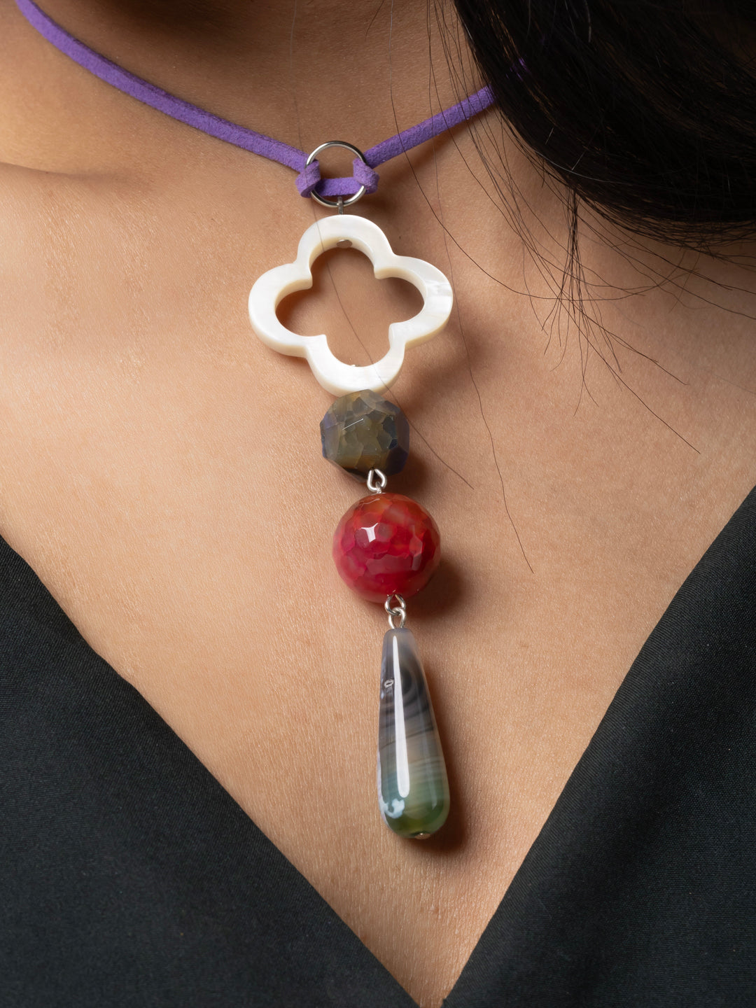 Semi Precious White Pink Onyx Agate MOP Sleek necklace with adjustable Suede Cord LOOK AND ADORN - designed for you