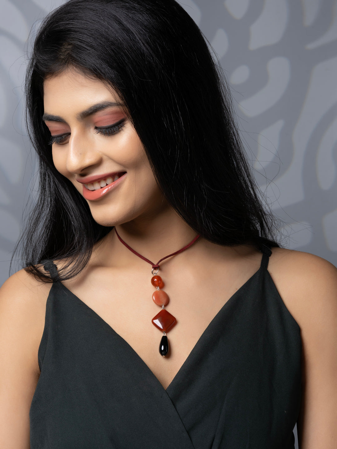 Semi Precious Brown Black Orange Onyx Agate Sleek necklace with adjustable Suede Cord LOOK AND ADORN - designed for you