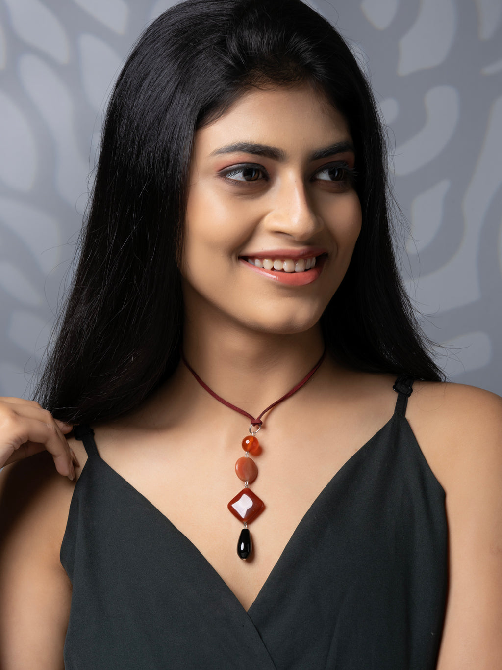Semi Precious Brown Black Orange Onyx Agate Sleek necklace with adjustable Suede Cord LOOK AND ADORN - designed for you