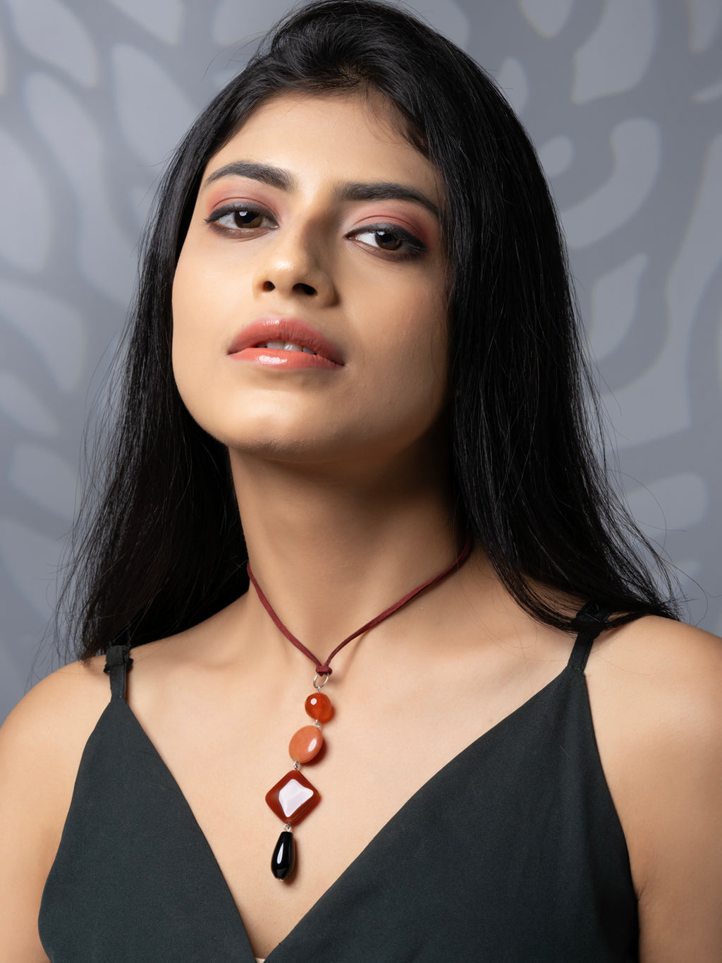 Semi Precious Brown Black Orange Onyx Agate Sleek necklace with adjustable Suede Cord LOOK AND ADORN - designed for you