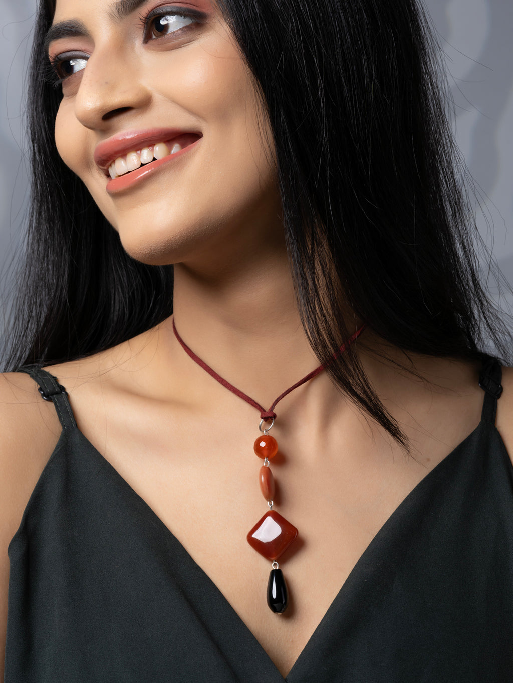 Semi Precious Brown Black Orange Onyx Agate Sleek necklace with adjustable Suede Cord LOOK AND ADORN - designed for you