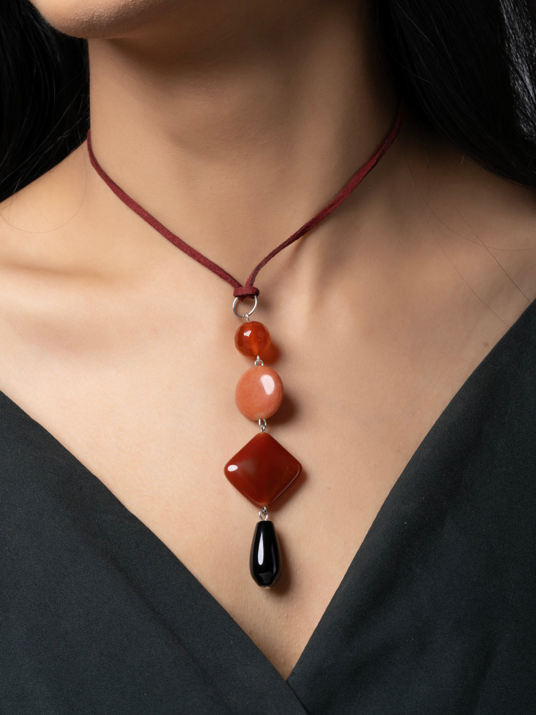 Semi Precious Brown Black Orange Onyx Agate Sleek necklace with adjustable Suede Cord LOOK AND ADORN - designed for you