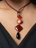 Semi Precious Brown Black Orange Onyx Agate Sleek necklace with adjustable Suede Cord LOOK AND ADORN - designed for you