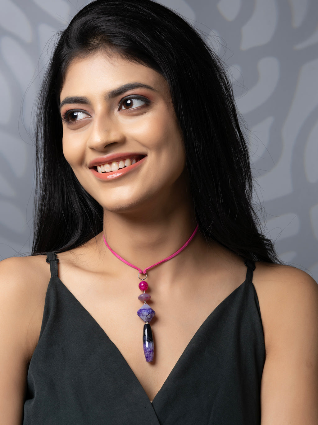 Semi Precious Pink Purple Black Onyx Agate Sleek necklace with adjustable Suede Cord LOOK AND ADORN - designed for you