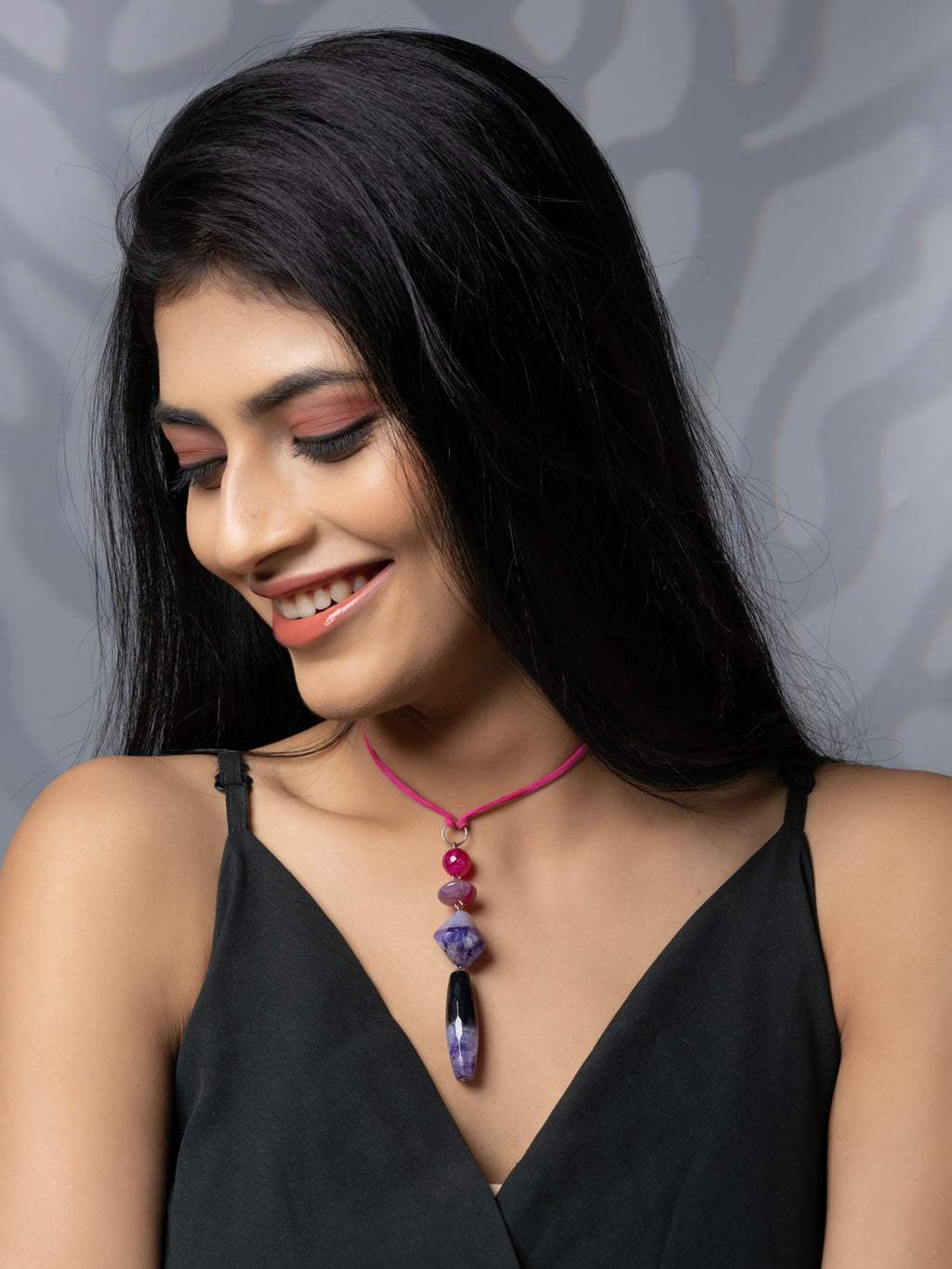 Semi Precious Pink Purple Black Onyx Agate Sleek necklace with adjustable Suede Cord LOOK AND ADORN - designed for you