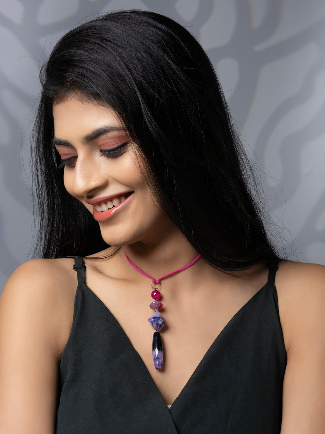 Semi Precious Pink Purple Black Onyx Agate Sleek necklace with adjustable Suede Cord LOOK AND ADORN - designed for you