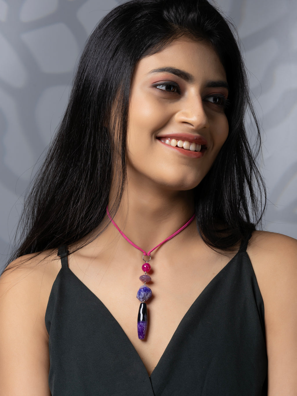 Semi Precious Pink Purple Black Onyx Agate Sleek necklace with adjustable Suede Cord LOOK AND ADORN - designed for you
