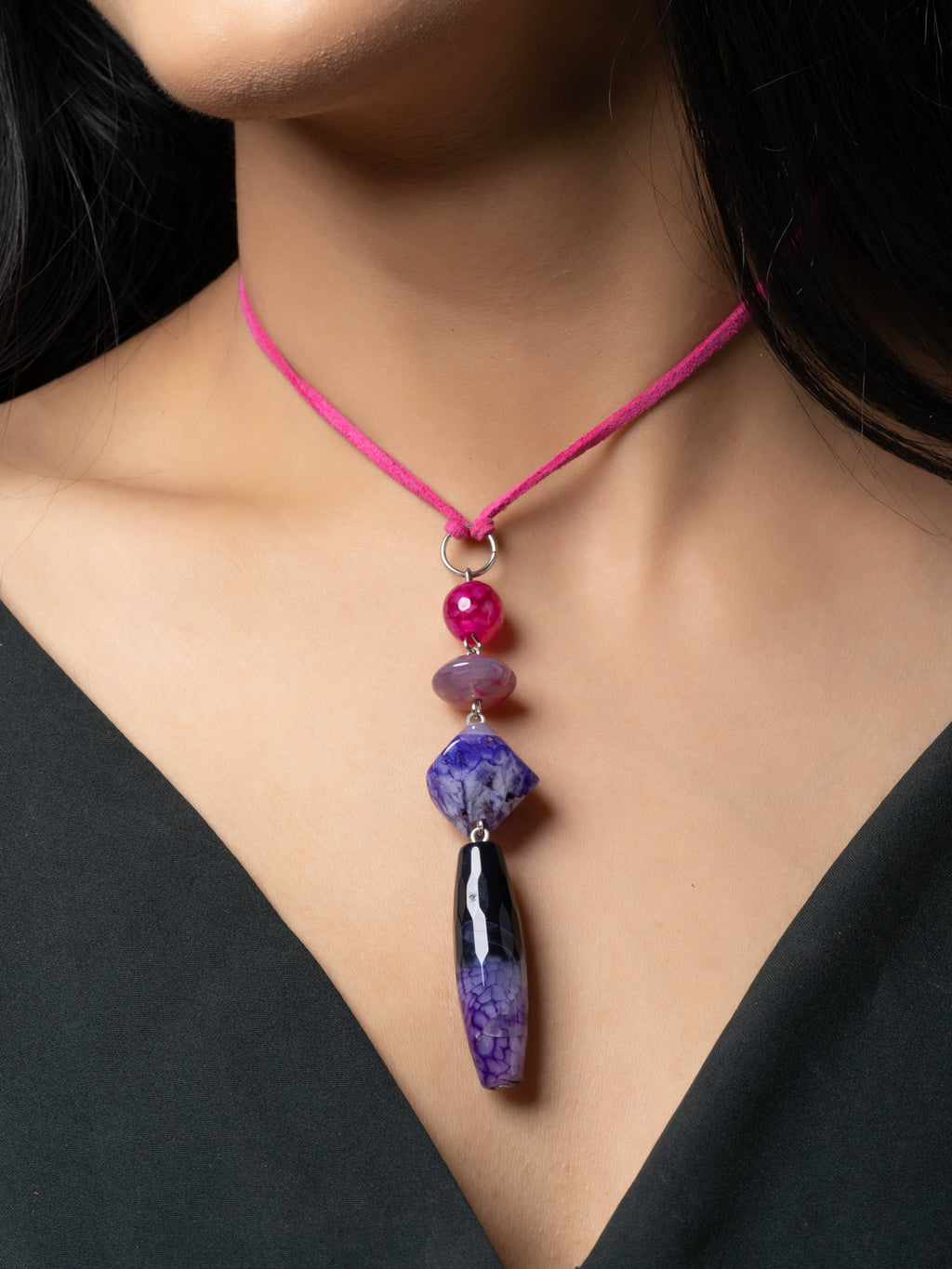 Semi Precious Pink Purple Black Onyx Agate Sleek necklace with adjustable Suede Cord LOOK AND ADORN - designed for you