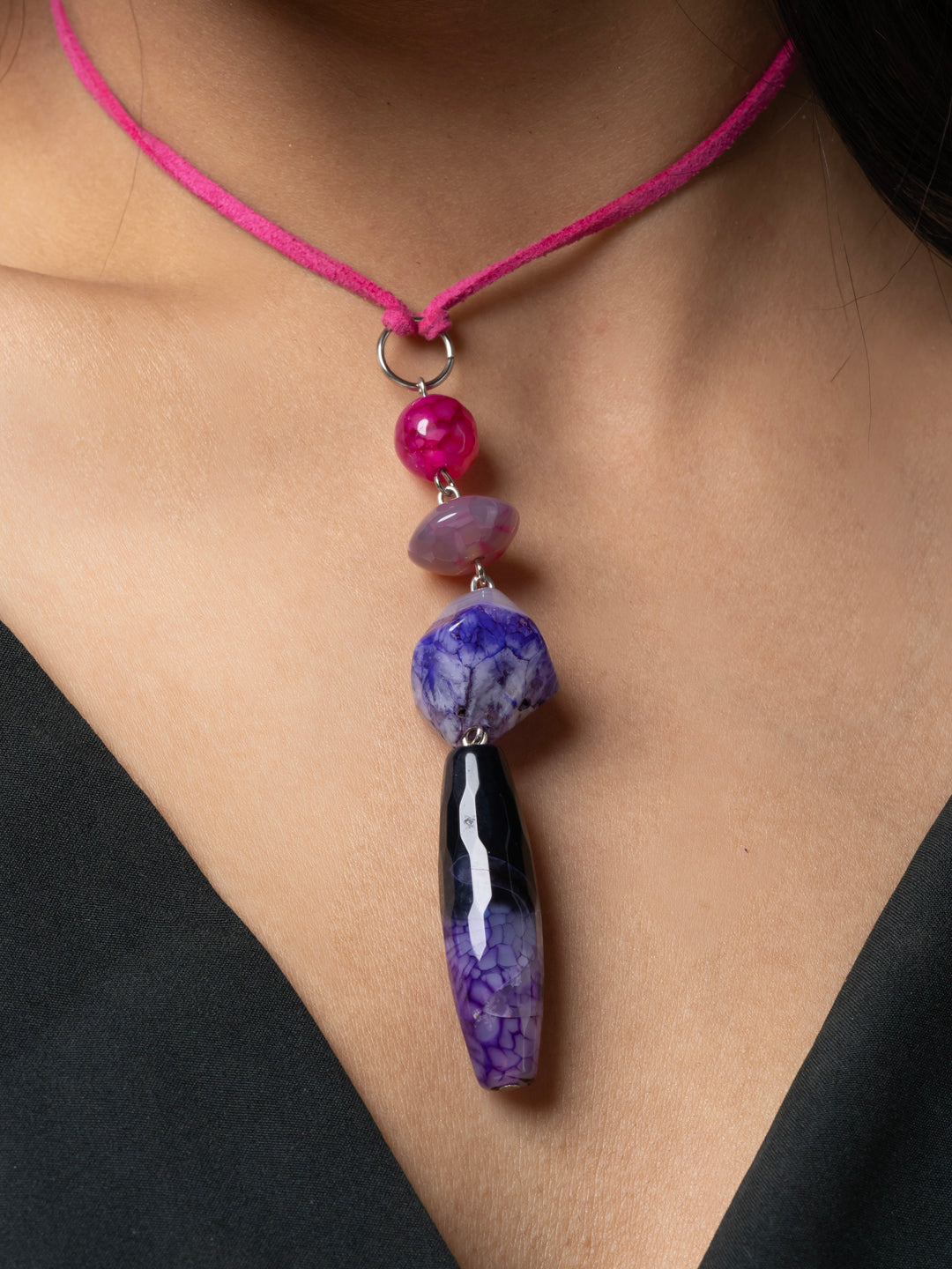 Semi Precious Pink Purple Black Onyx Agate Sleek necklace with adjustable Suede Cord LOOK AND ADORN - designed for you