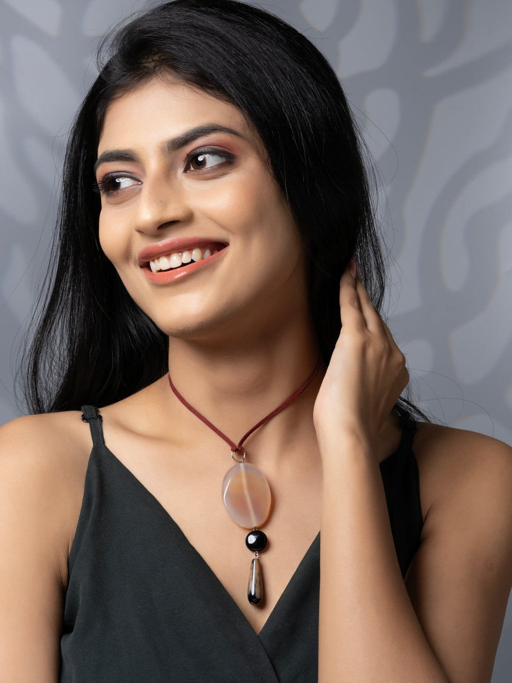 Semi Precious Brown Black Onyx Agate Sleek necklace with adjustable Suede Cord LOOK AND ADORN - designed for you