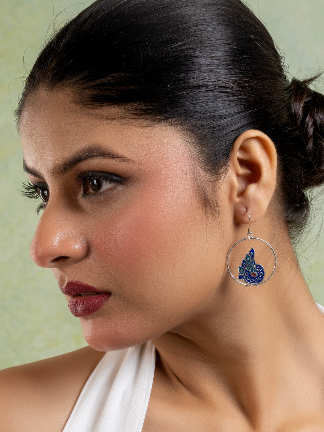 Silver Blue Red Peacock Meenakari Enamel Earring