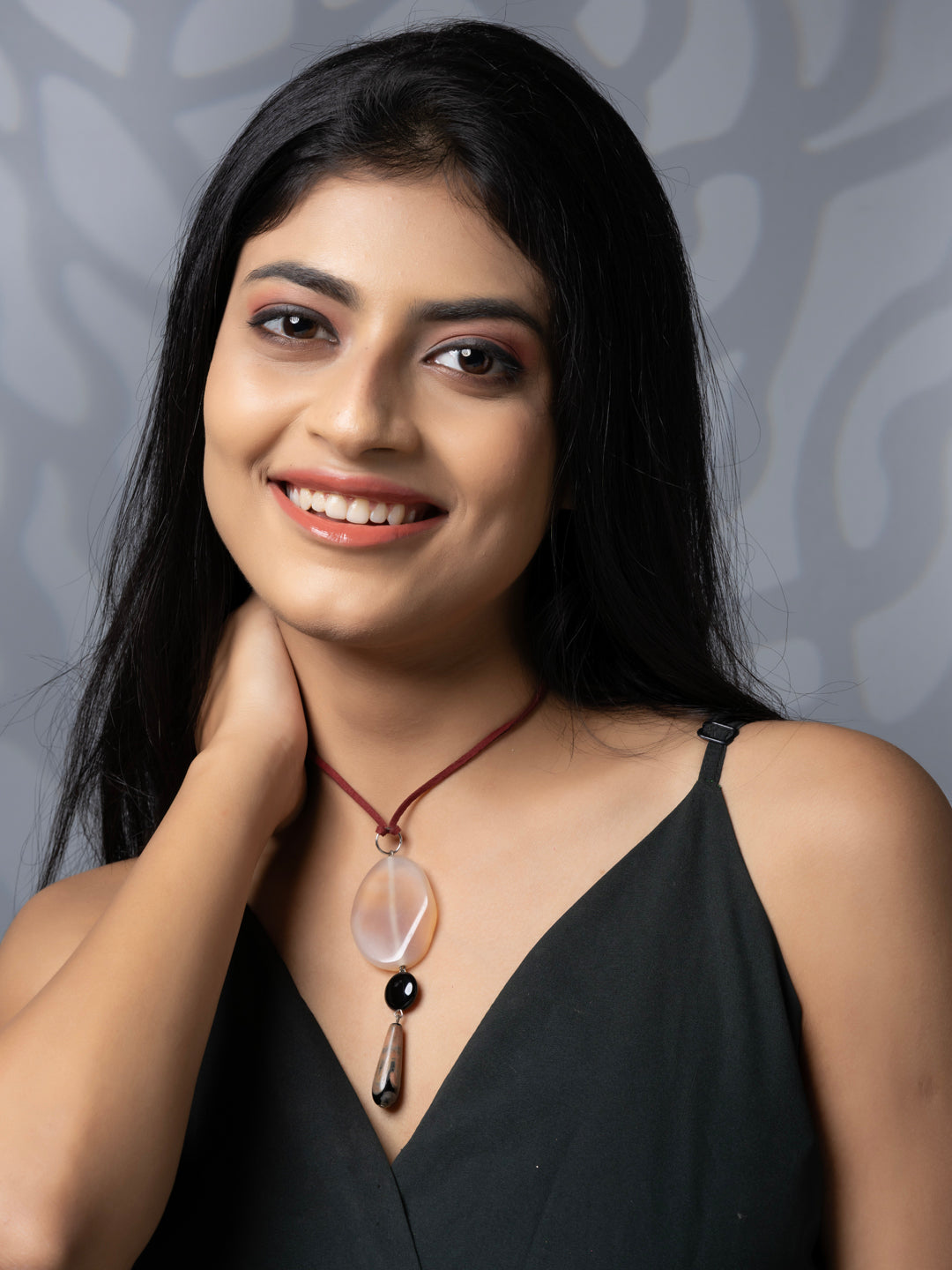 Semi Precious Brown Black Onyx Agate Sleek necklace with adjustable Suede Cord LOOK AND ADORN - designed for you