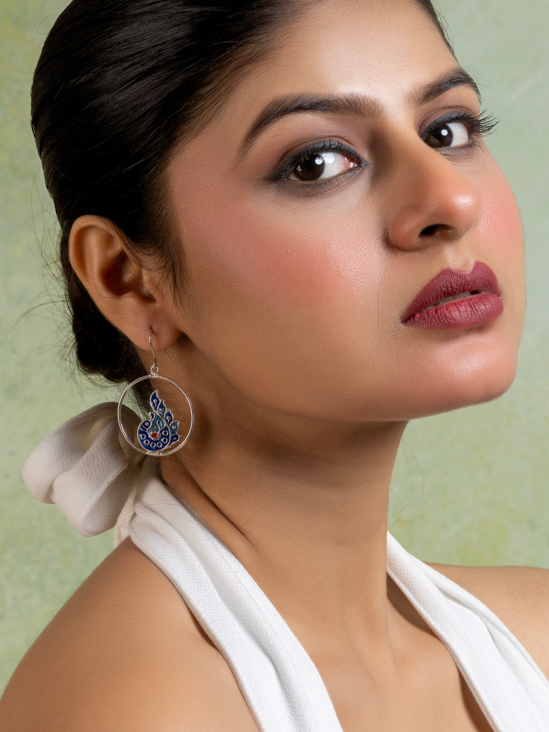 Silver Blue Red Peacock Meenakari Enamel Earring