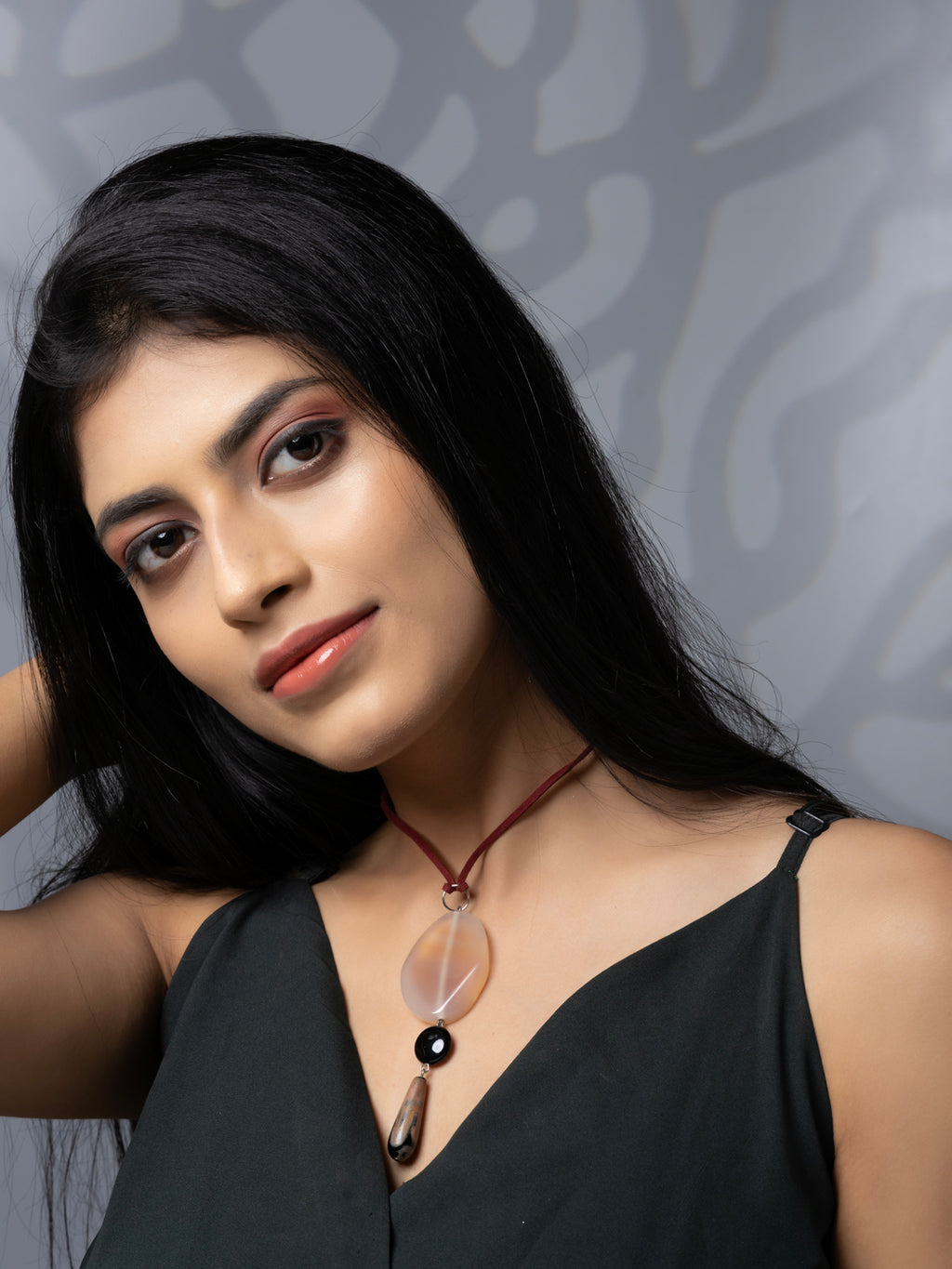 Semi Precious Brown Black Onyx Agate Sleek necklace with adjustable Suede Cord LOOK AND ADORN - designed for you