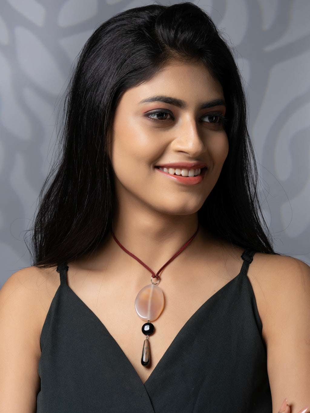 Semi Precious Brown Black Onyx Agate Sleek necklace with adjustable Suede Cord LOOK AND ADORN - designed for you