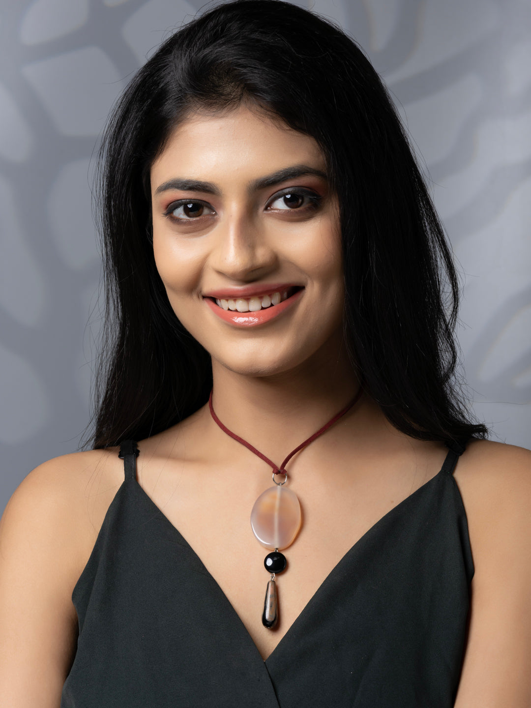 Semi Precious Brown Black Onyx Agate Sleek necklace with adjustable Suede Cord LOOK AND ADORN - designed for you