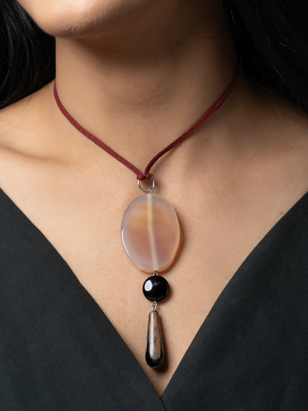 Semi Precious Brown Black Onyx Agate Sleek necklace with adjustable Suede Cord LOOK AND ADORN - designed for you