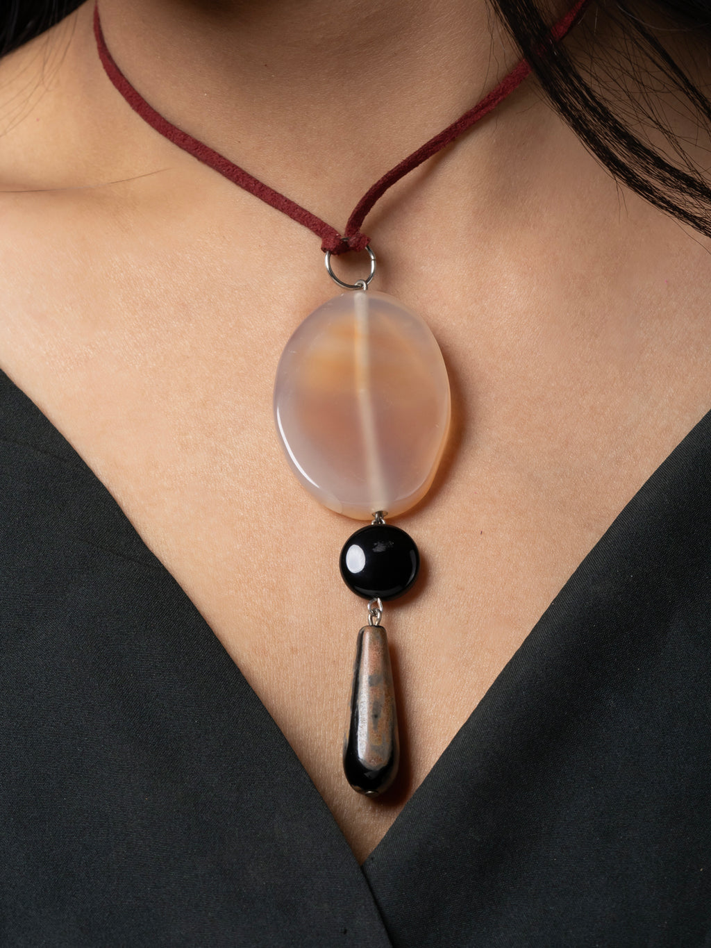 Semi Precious Brown Black Onyx Agate Sleek necklace with adjustable Suede Cord LOOK AND ADORN - designed for you