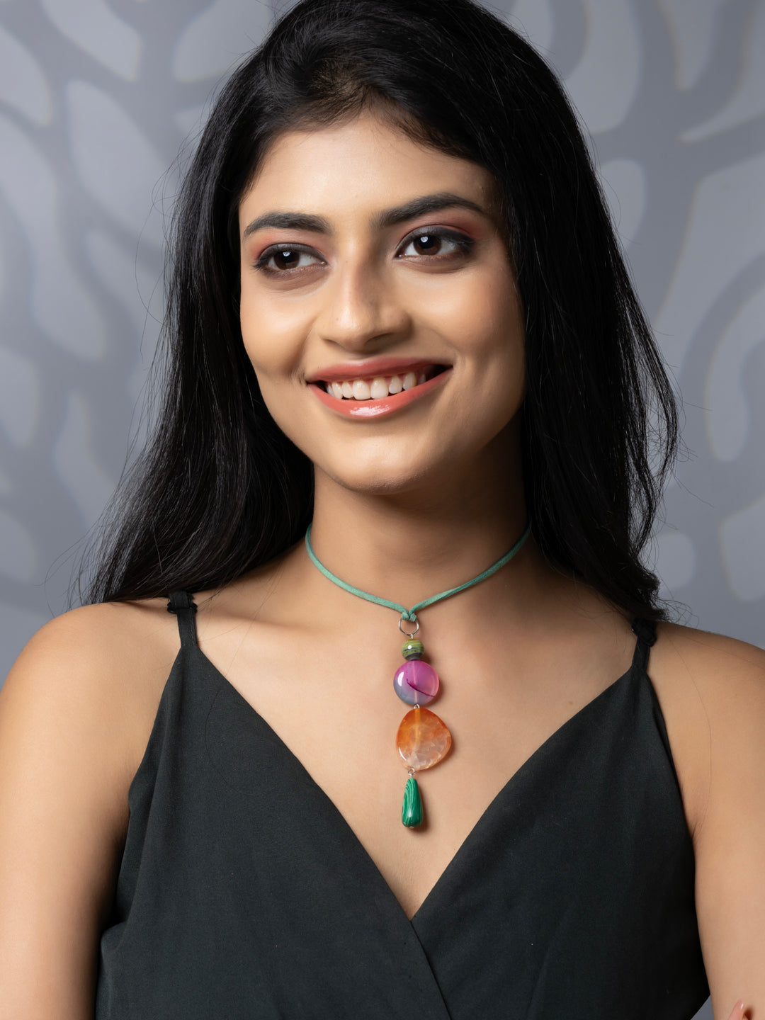 Semi Precious Pink Orange Green Onyx Agate Sleek necklace with adjustable Suede Cord LOOK AND ADORN - designed for you