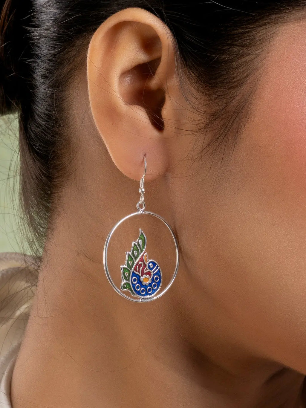 Silver Blue Red Peacock Meenakari Enamel Earring LOOK AND ADORN - designed for you