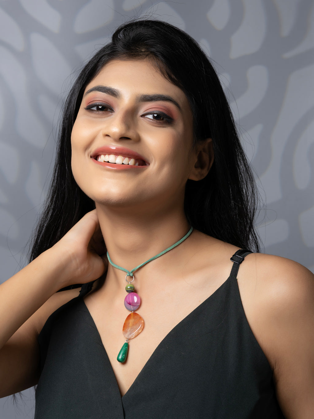 Semi Precious Pink Orange Green Onyx Agate Sleek necklace with adjustable Suede Cord LOOK AND ADORN - designed for you