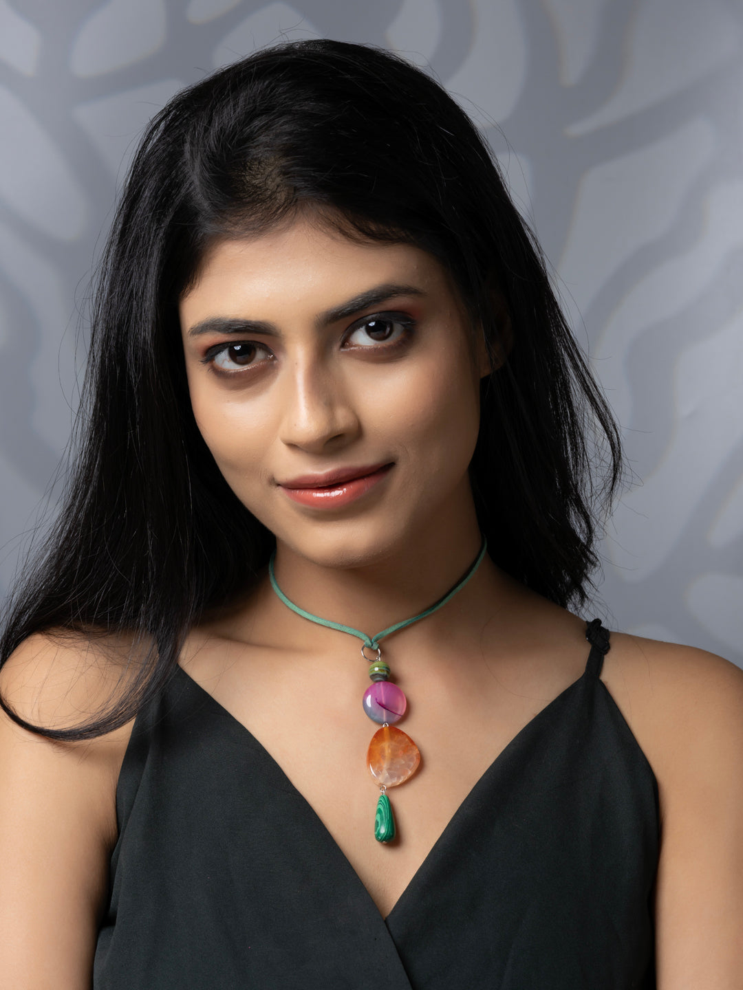 Semi Precious Pink Orange Green Onyx Agate Sleek necklace with adjustable Suede Cord LOOK AND ADORN - designed for you