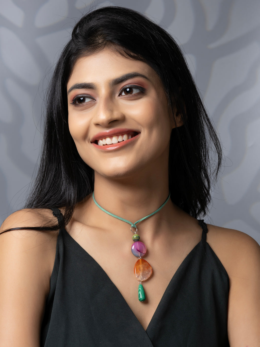 Semi Precious Pink Orange Green Onyx Agate Sleek necklace with adjustable Suede Cord LOOK AND ADORN - designed for you