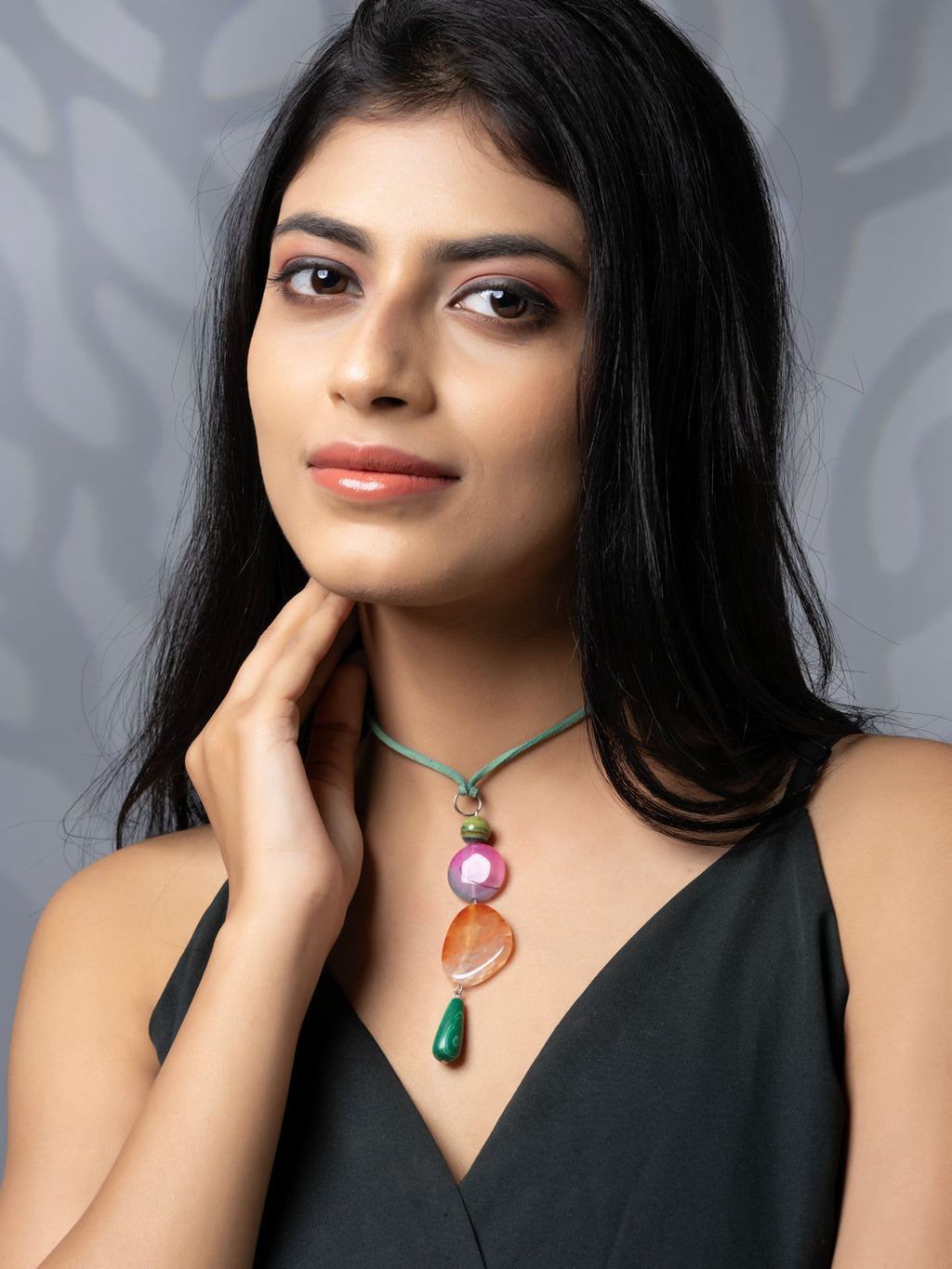 Semi Precious Pink Orange Green Onyx Agate Sleek necklace with adjustable Suede Cord LOOK AND ADORN - designed for you