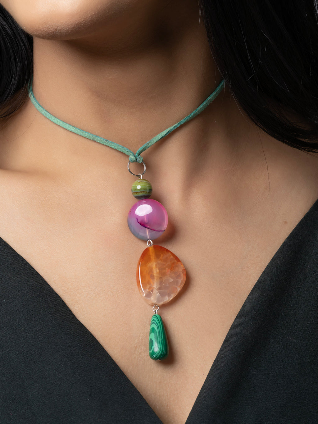 Semi Precious Pink Orange Green Onyx Agate Sleek necklace with adjustable Suede Cord LOOK AND ADORN - designed for you