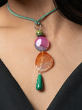 Semi Precious Pink Orange Green Onyx Agate Sleek necklace with adjustable Suede Cord LOOK AND ADORN - designed for you